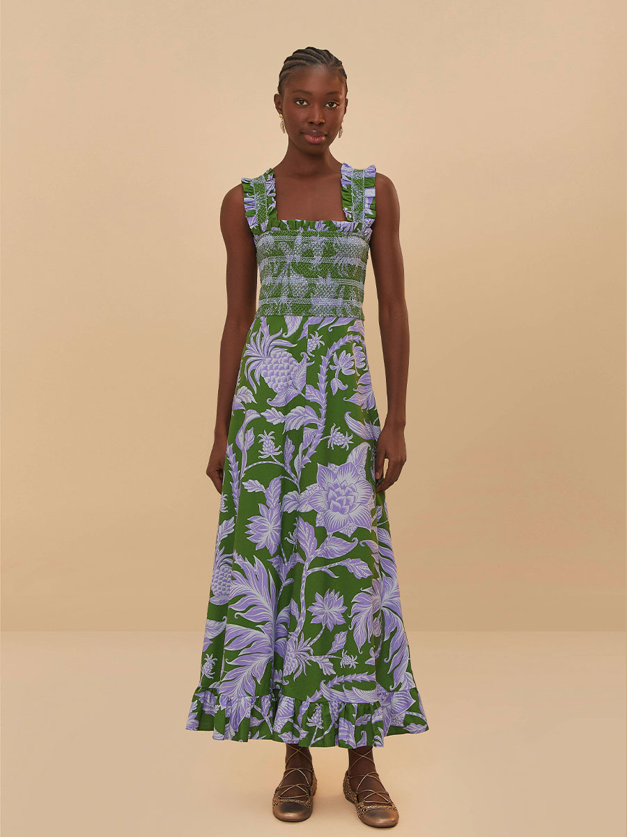 Midi-Kleid in Grün mit lila Blumenmuster von Farm Rio