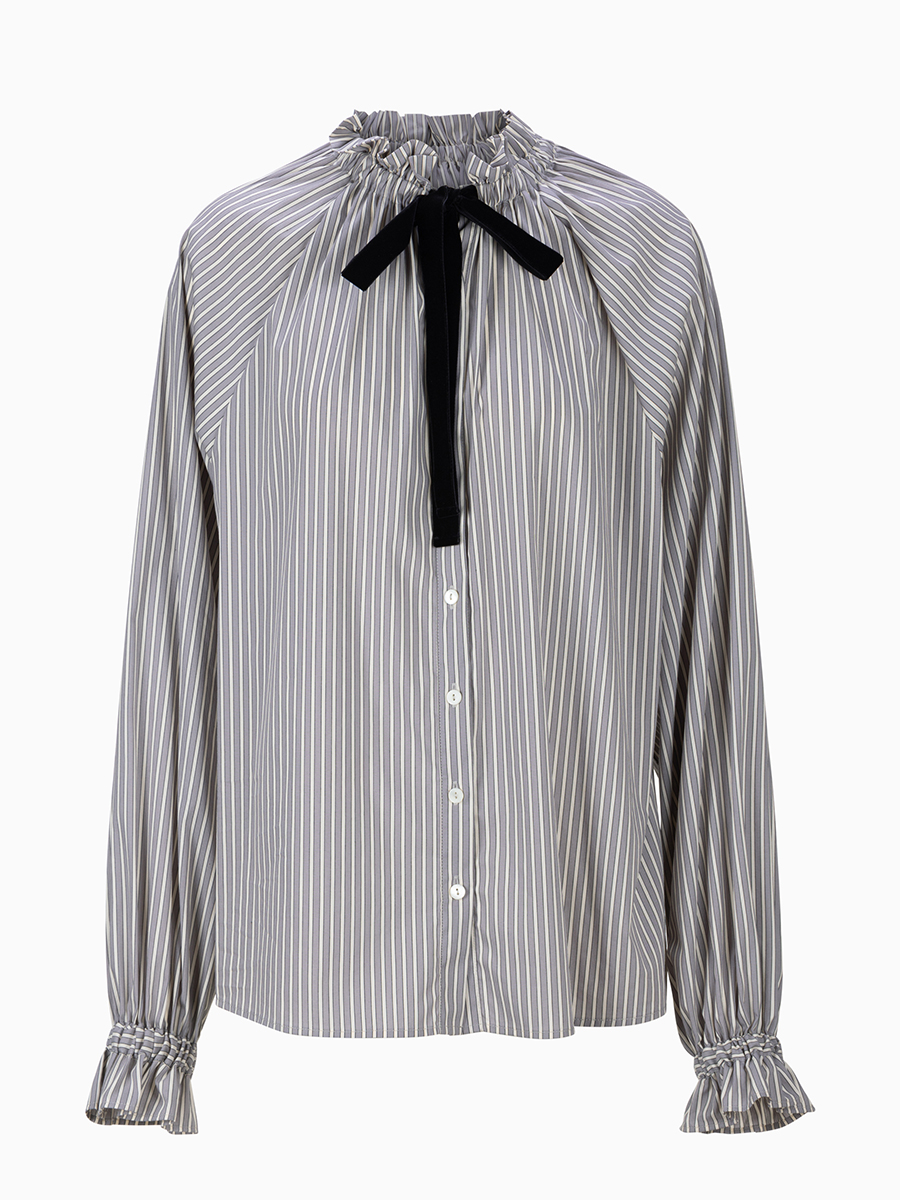 Rüschenbluse in Grau-Weiß gestreift von La Camicia